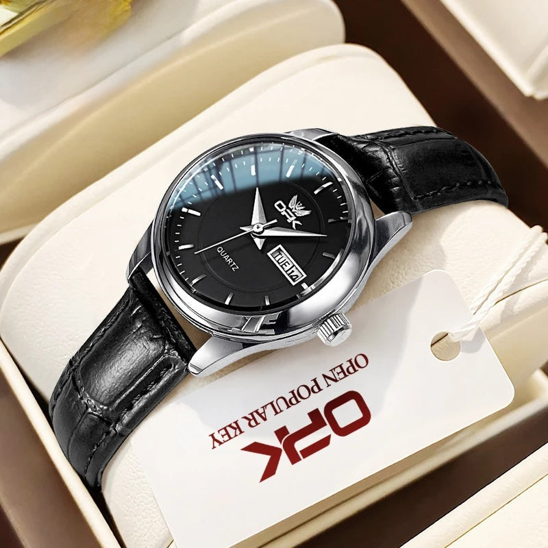 Women's Leather Strap Quartz Watch Silver Case Dual Day