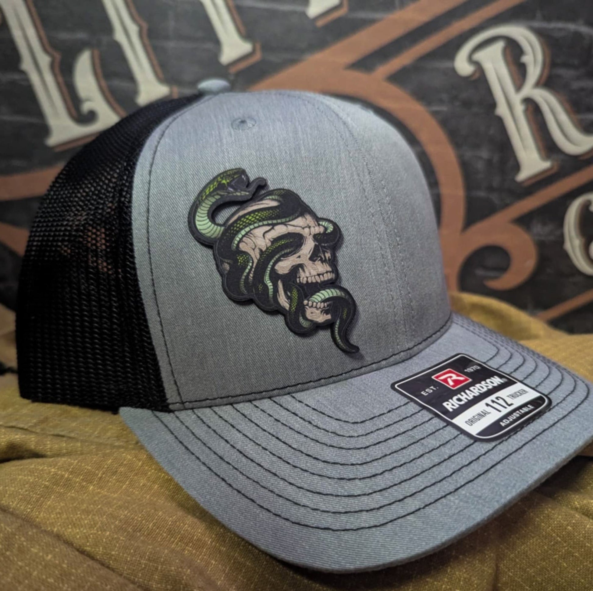 Serpent Skull Leather Patch Hat Snake and Skull Graphic