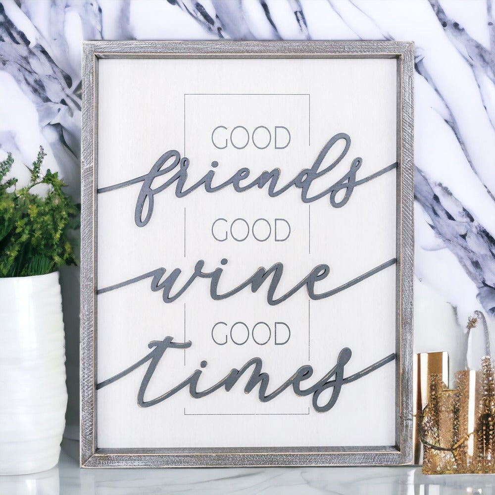 Good Wine Wood Sign - Good Friends Good Wine Good Times XL Framed Decor