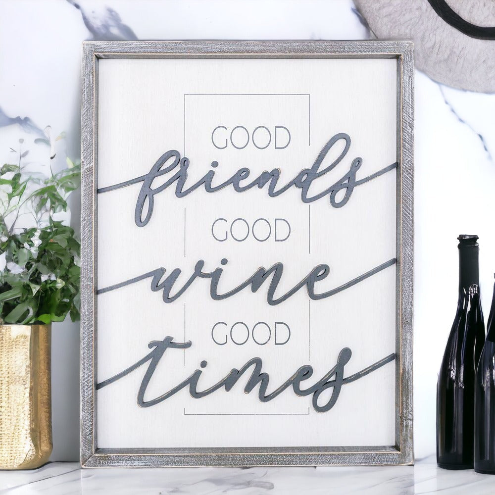 Good Wine Wood Sign - Good Friends Good Wine Good Times XL Framed Decor