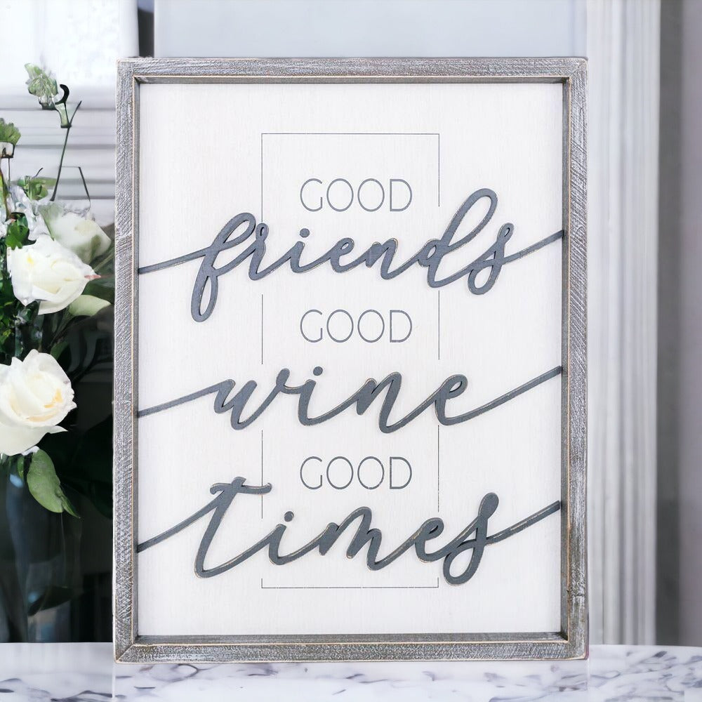 Good Wine Wood Sign - Good Friends Good Wine Good Times XL Framed Decor
