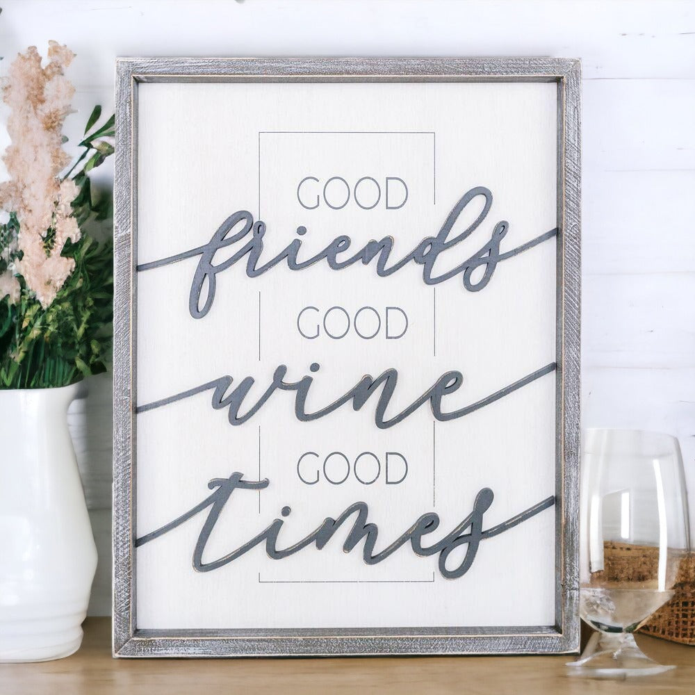 Good Wine Wood Sign - Good Friends Good Wine Good Times XL Framed Decor