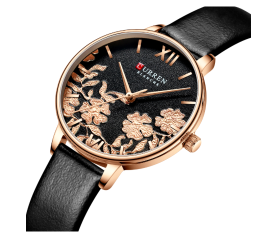 Women's Floral Rose Gold Watch Black Leather Strap Slim