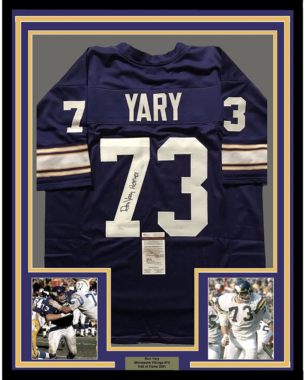 Framed Autographed/Signed Ron Yary HOF 01  35x39 Minnesota Vikings Purple Football Jersey JSA COA