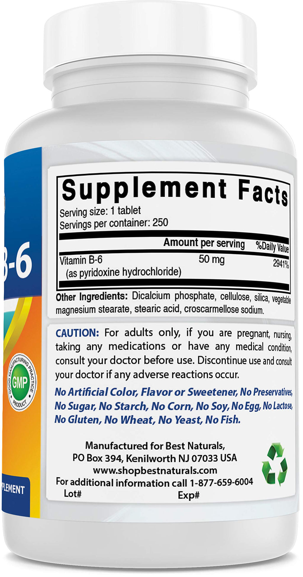Best Naturals Vitamin B6 50 mg 250 Tablets