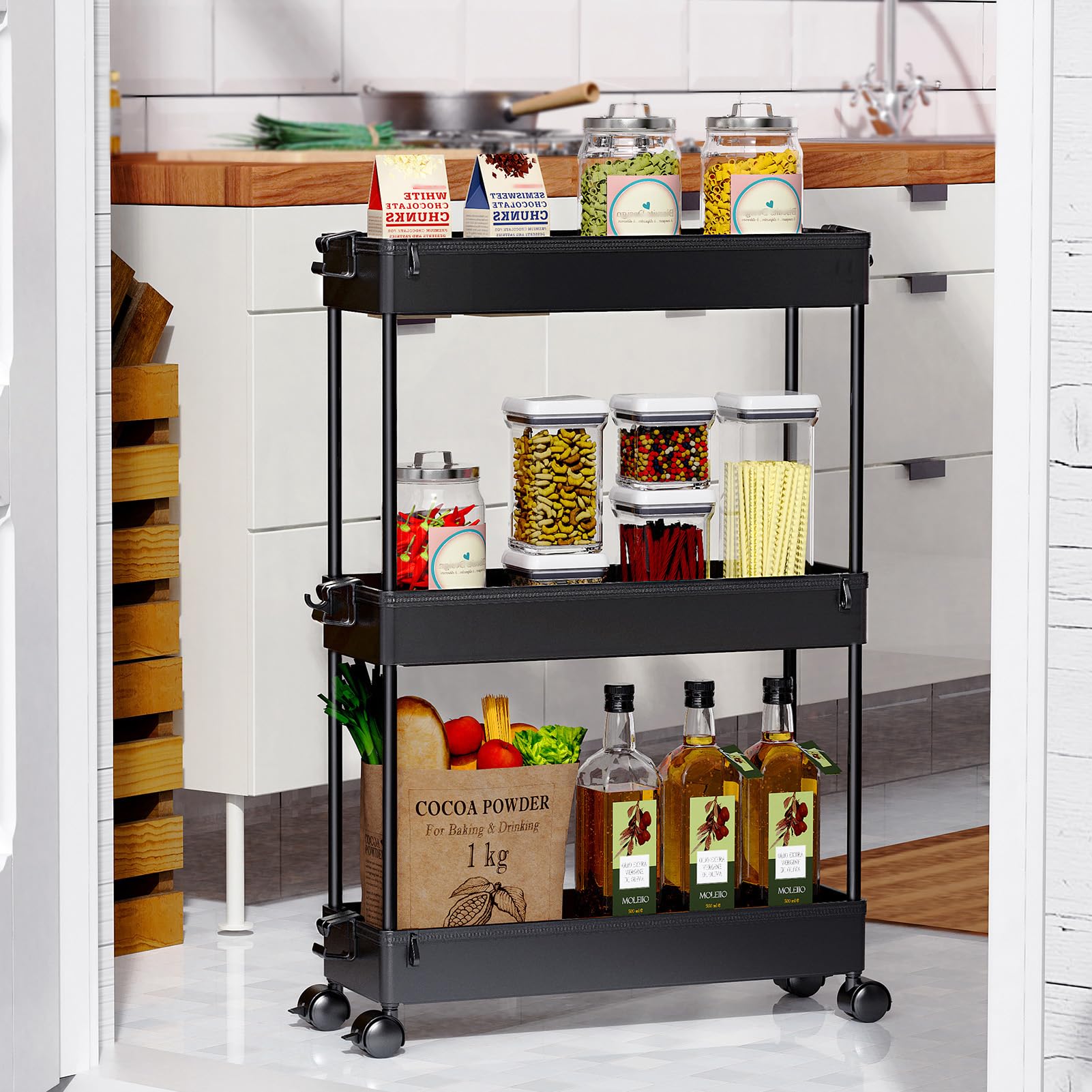 SPACEKEEPER Slim Rolling Storage Cart, 3 Tier Utility Cart Mobile , Black