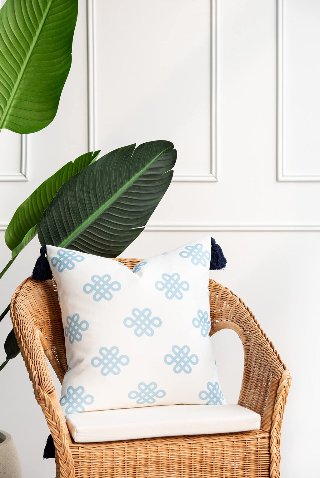 Coastal Patio Indoor Outdoor Pillow Cover Only Blue Greek Key Knot Tassel, 18"x18"