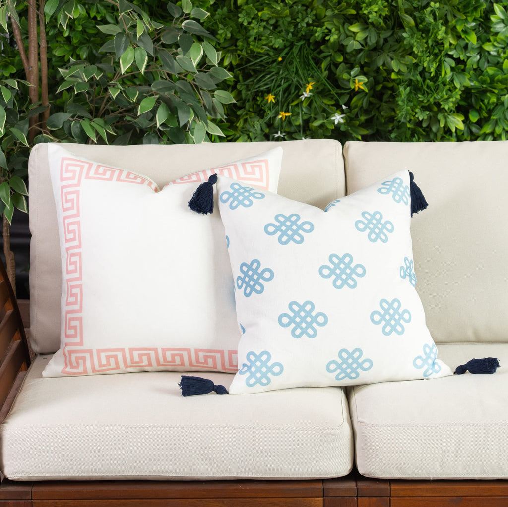 Coastal Patio Indoor Outdoor Pillow Cover Only Blue Greek Key Knot Tassel, 18"x18"