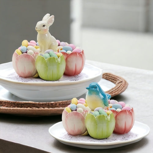Pastel Easter Tidbit Dish Dolomite Bunny Or Bird 7in Spring Table Decor