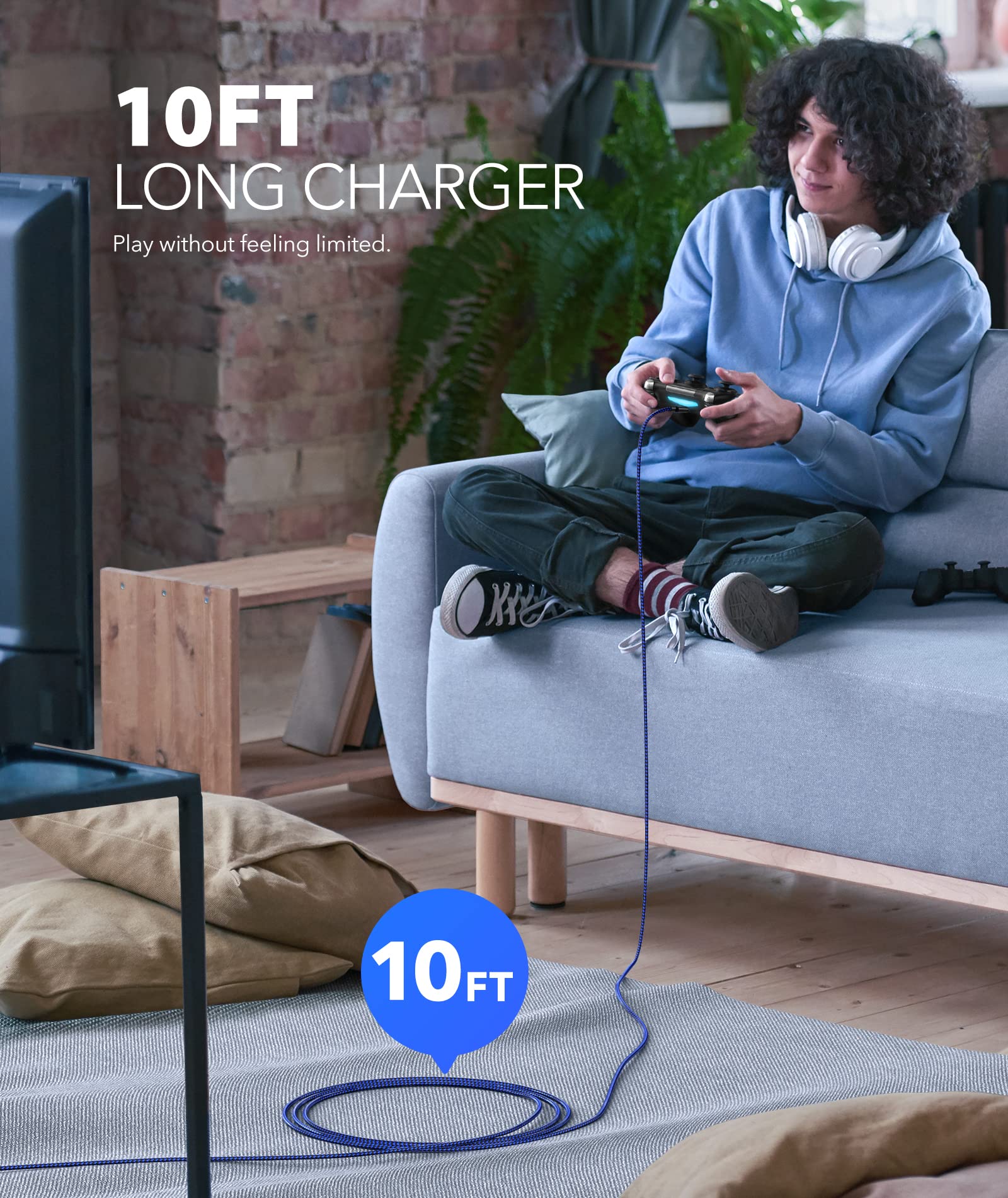PS4 Controller Charger 4 Cables 10ft Nylon Braided Micro USB Charging Cable