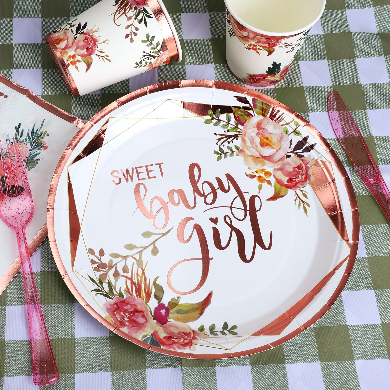Baby Shower Disposable Dinnerware for Girl - 175PCS Set 25 Guest Rose Gold