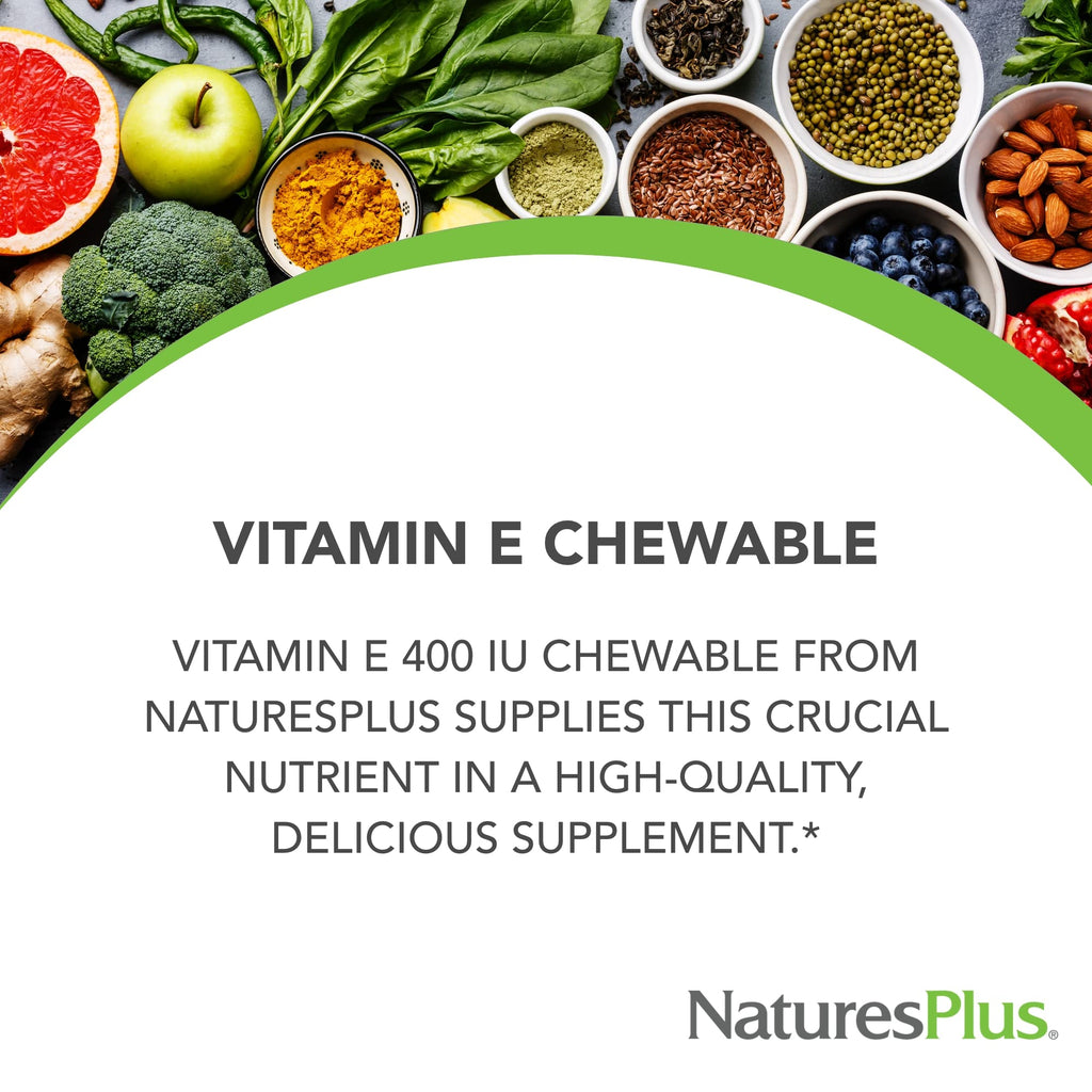 NaturesPlus Vitamin E Chewable - 400 iu, 90 Vegetarian Tablets - Carob Flavor EXP 7/2025