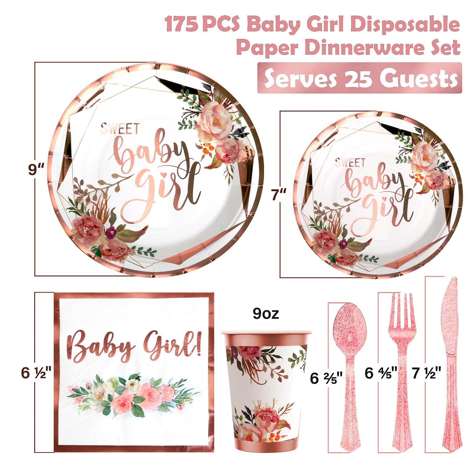 Baby Shower Disposable Dinnerware for Girl - 175PCS Set 25 Guest Rose Gold