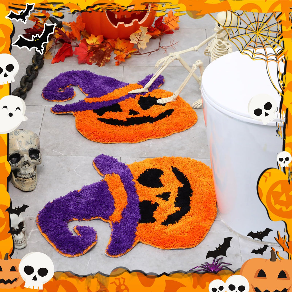 WILLBOND Halloween Bathroom Rugs 2 Pcs Spooky Pumpkin Non Slip 19.7x17.7 Inch