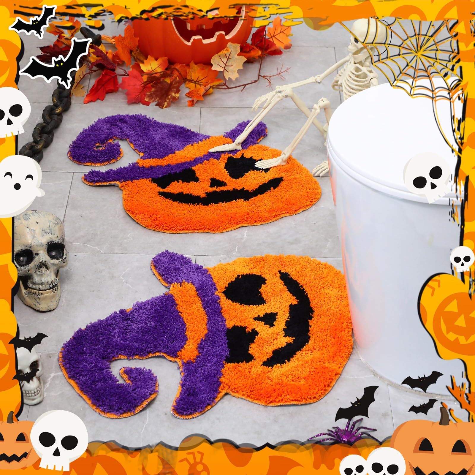 WILLBOND Halloween Bathroom Rugs 2 Pcs Spooky Pumpkin Non Slip 19.7x17.7 Inch