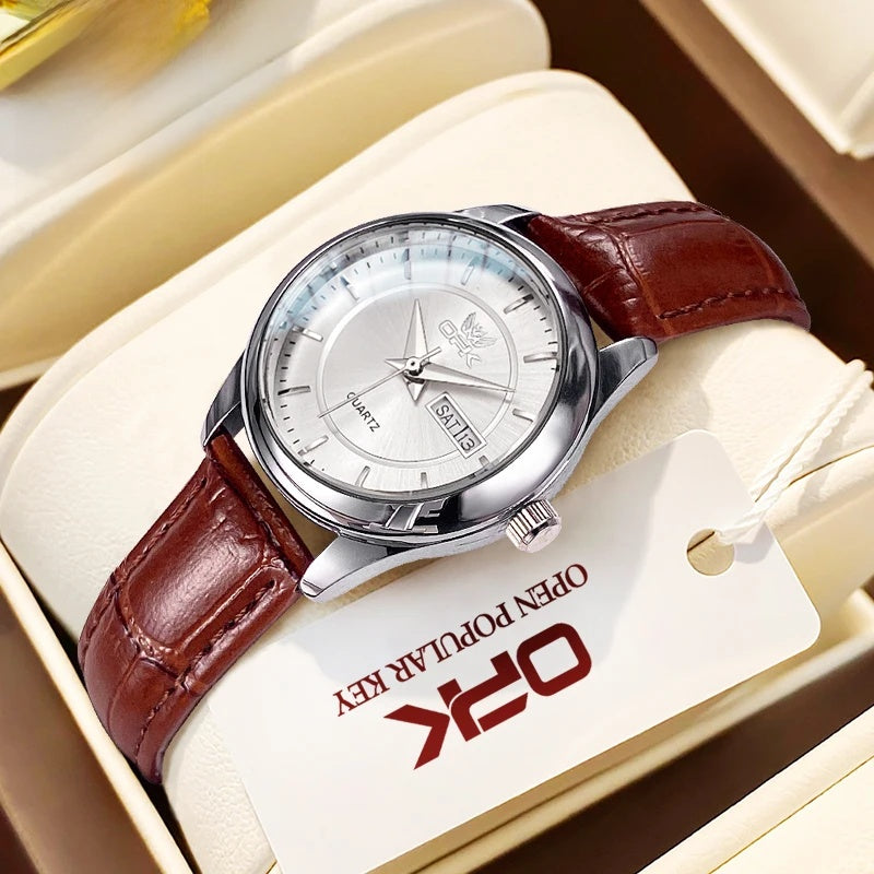 Women's Leather Strap Quartz Watch Silver Case Dual Day