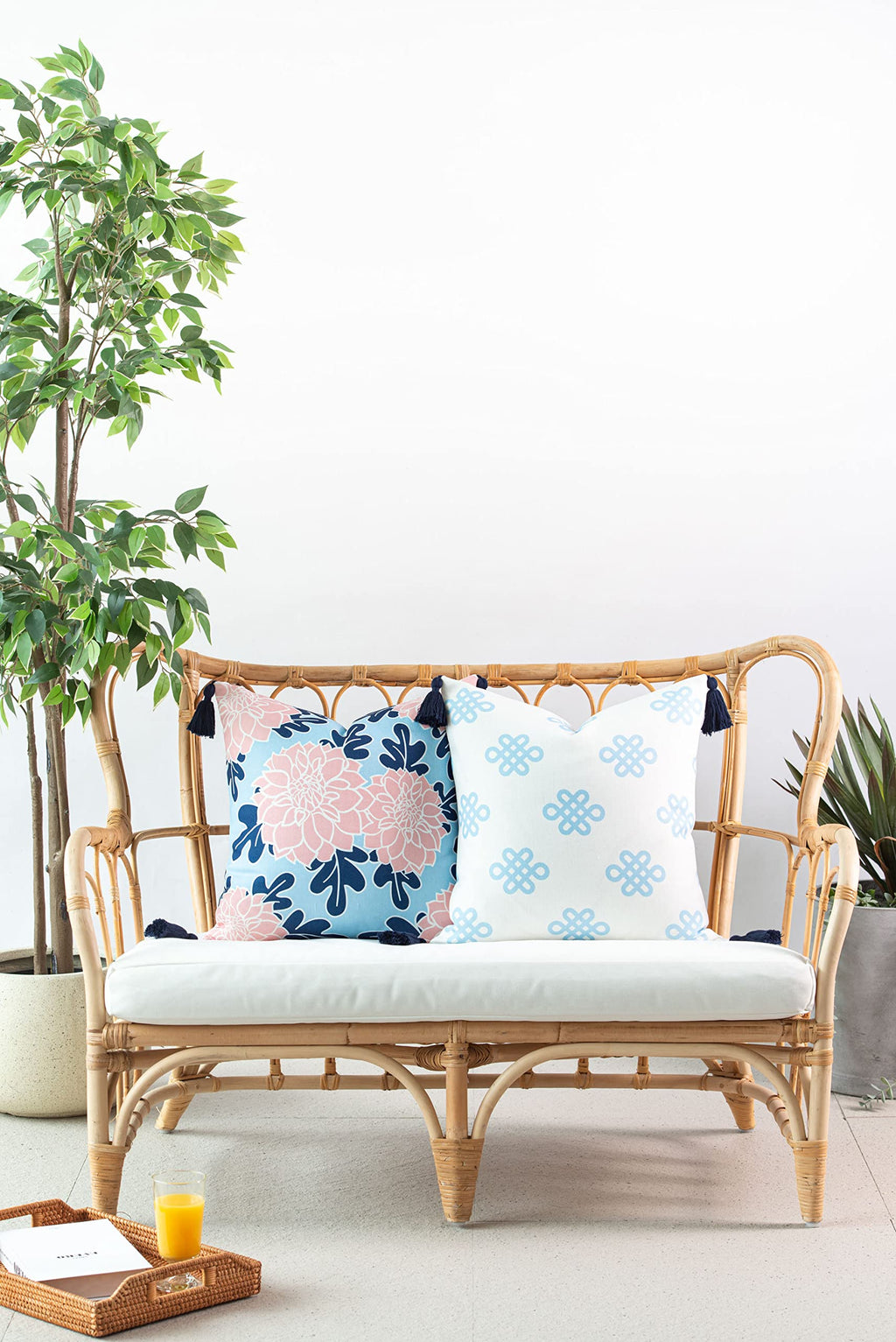 Coastal Patio Indoor Outdoor Pillow Cover Only Blue Greek Key Knot Tassel, 18"x18"