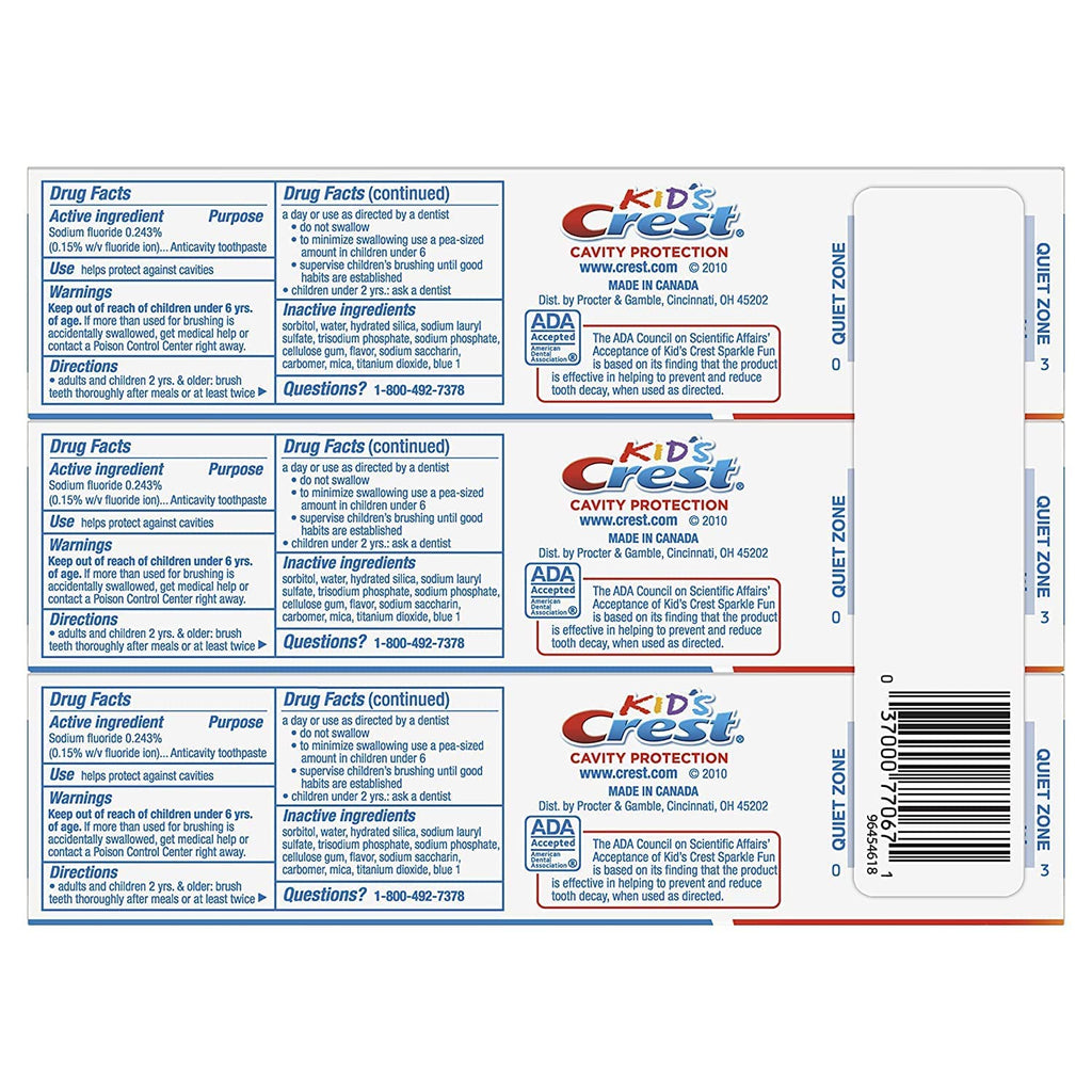 3-Pack of Crest Kids' Cavity Protection Toothpaste, Sparkle Fun, 4.6 Oz ea tube