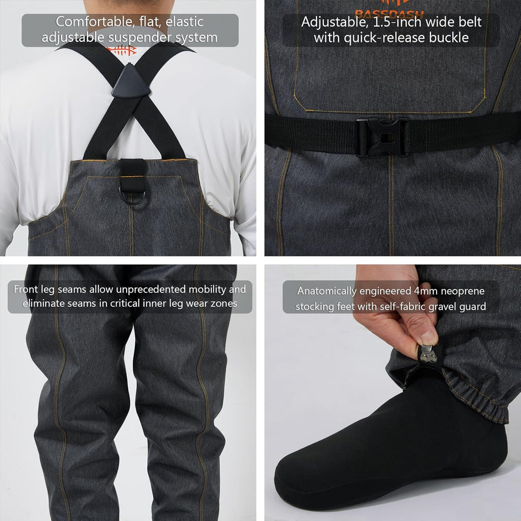 BASSDASH Men’s Denim Breathable Chest Waders Waterproof Durable Lightweight Stocking Foot for Fishing Hunting ATV Riding