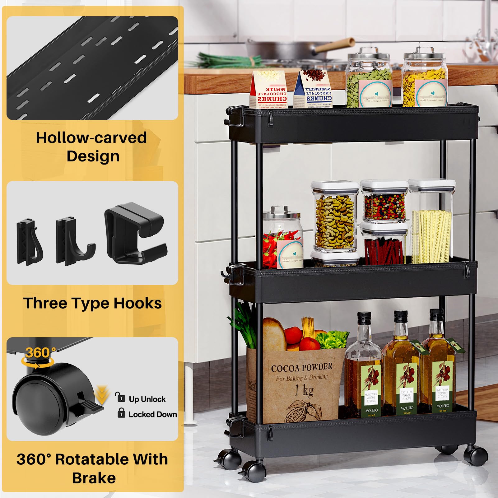 SPACEKEEPER Slim Rolling Storage Cart, 3 Tier Utility Cart Mobile , Black