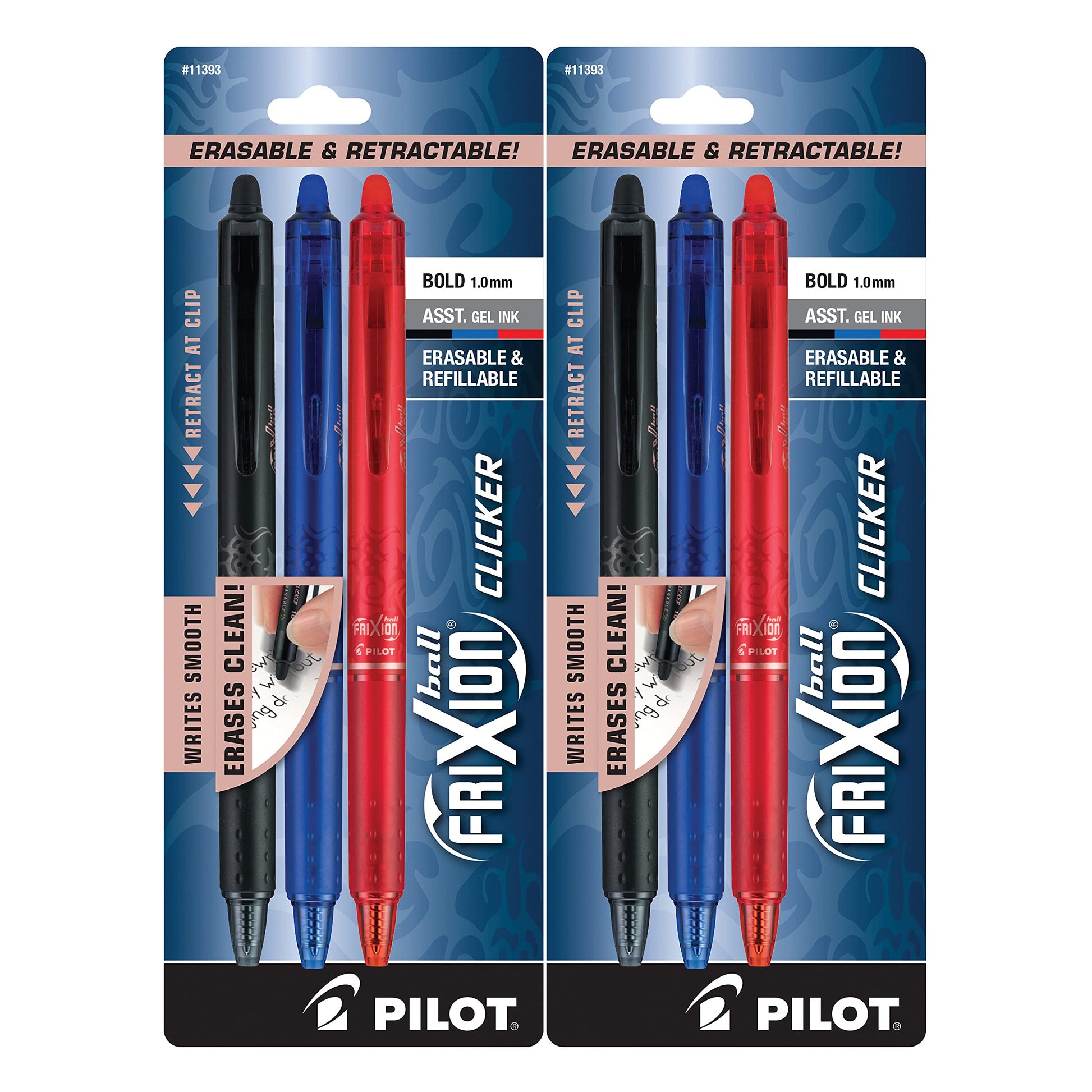 2 Packs Pilot Frixion Clicker Erasable Pens 3-Pack Black, Blue, Red 1.0mm #11393