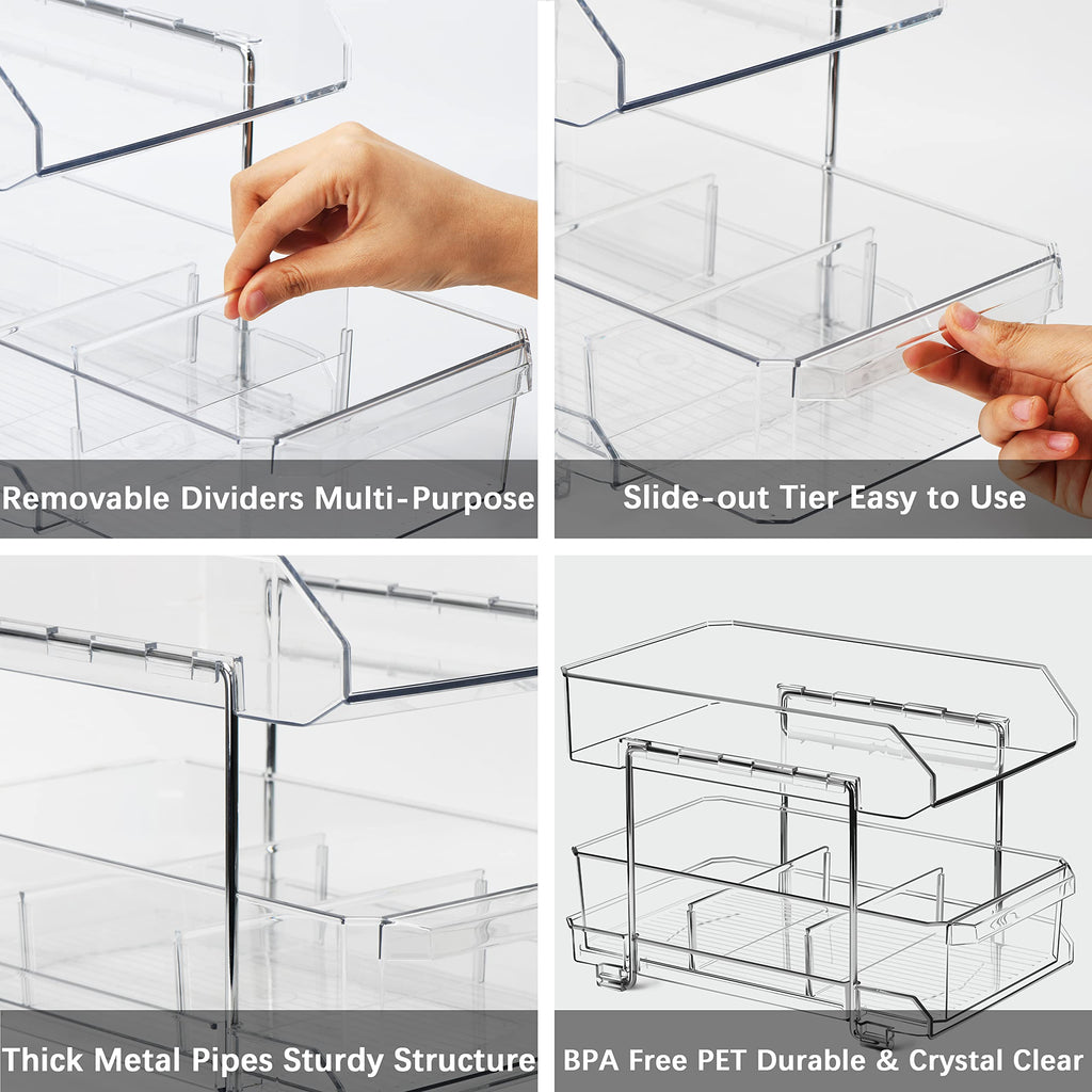Simetufy 2 Tier Clear Organizer with Dividers, Multi-Purpose Slide-Out