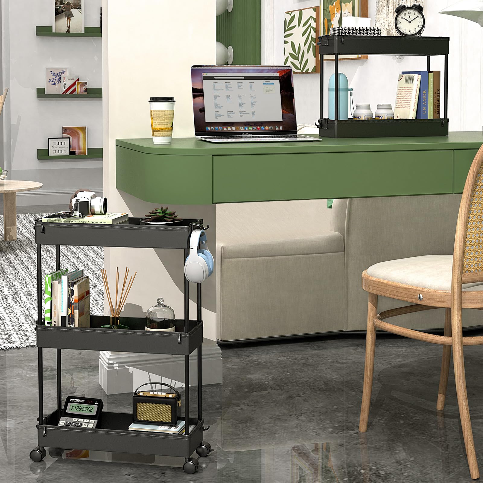 SPACEKEEPER Slim Rolling Storage Cart, 3 Tier Utility Cart Mobile , Black