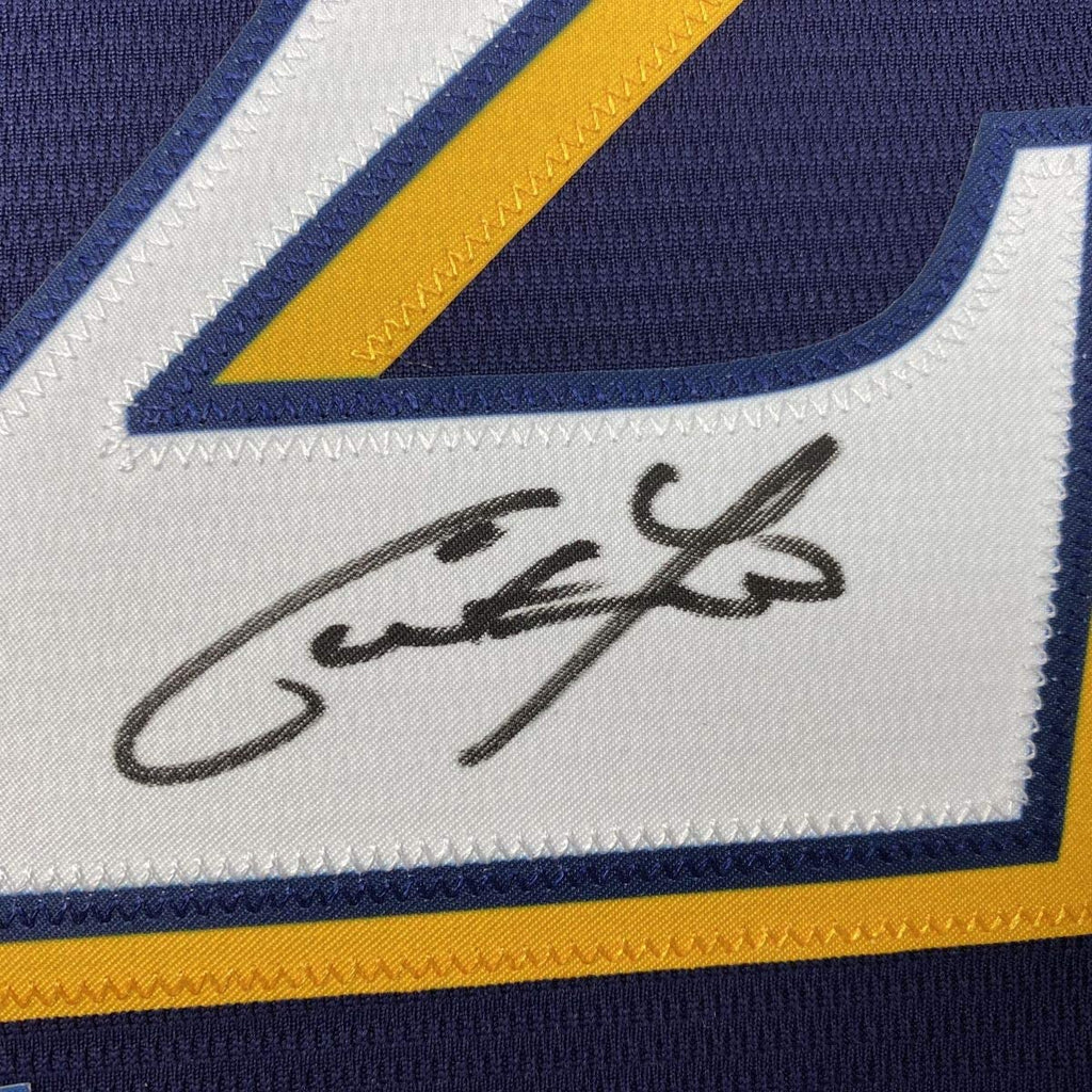 Framed Autographed/Signed Christian Yelich 35x39 Milwaukee Blue Baseball Jersey Beckett BAS COA