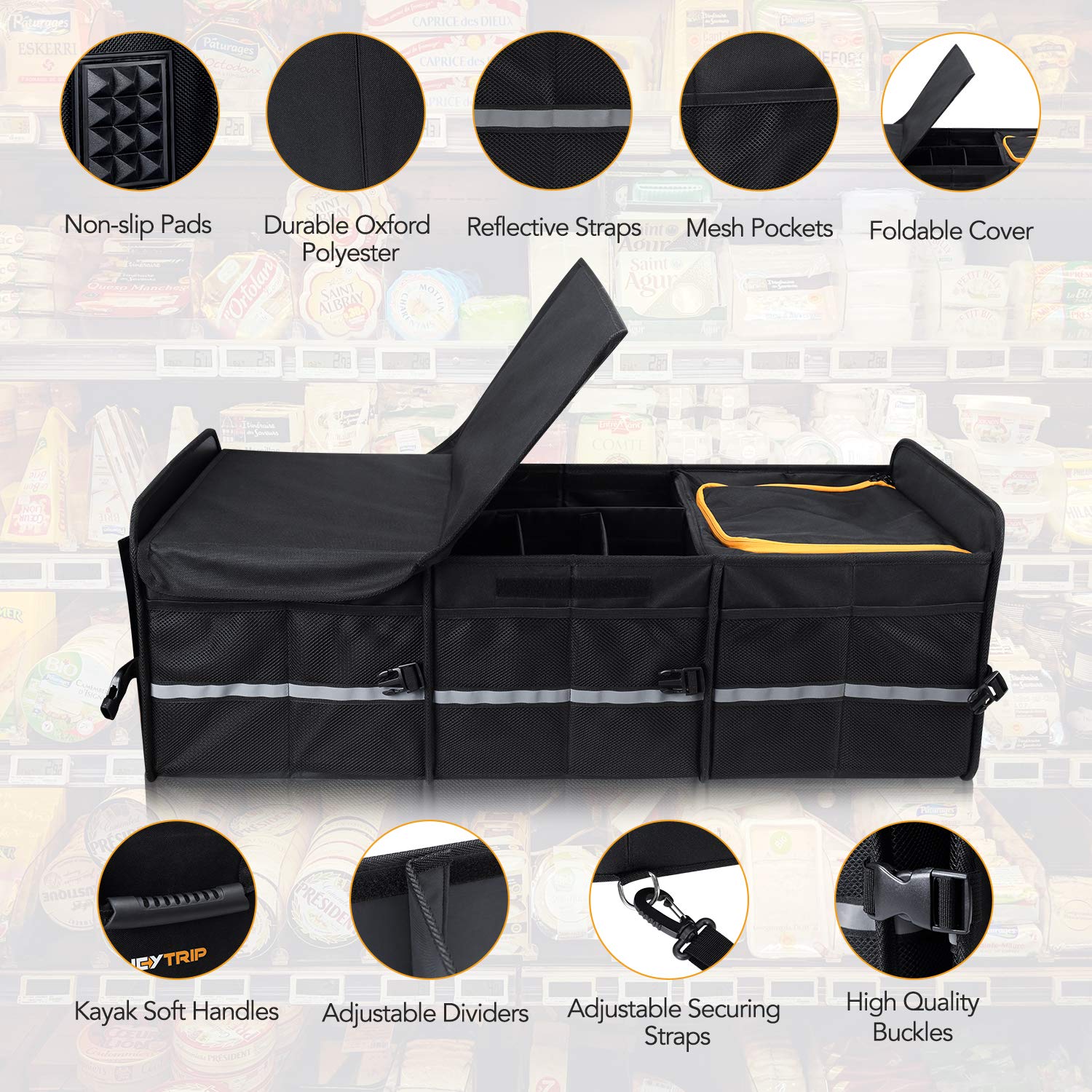 Large Trunk Organizer With Built-in Leakproof Cooler Bag, 2 Tie-Down Straps