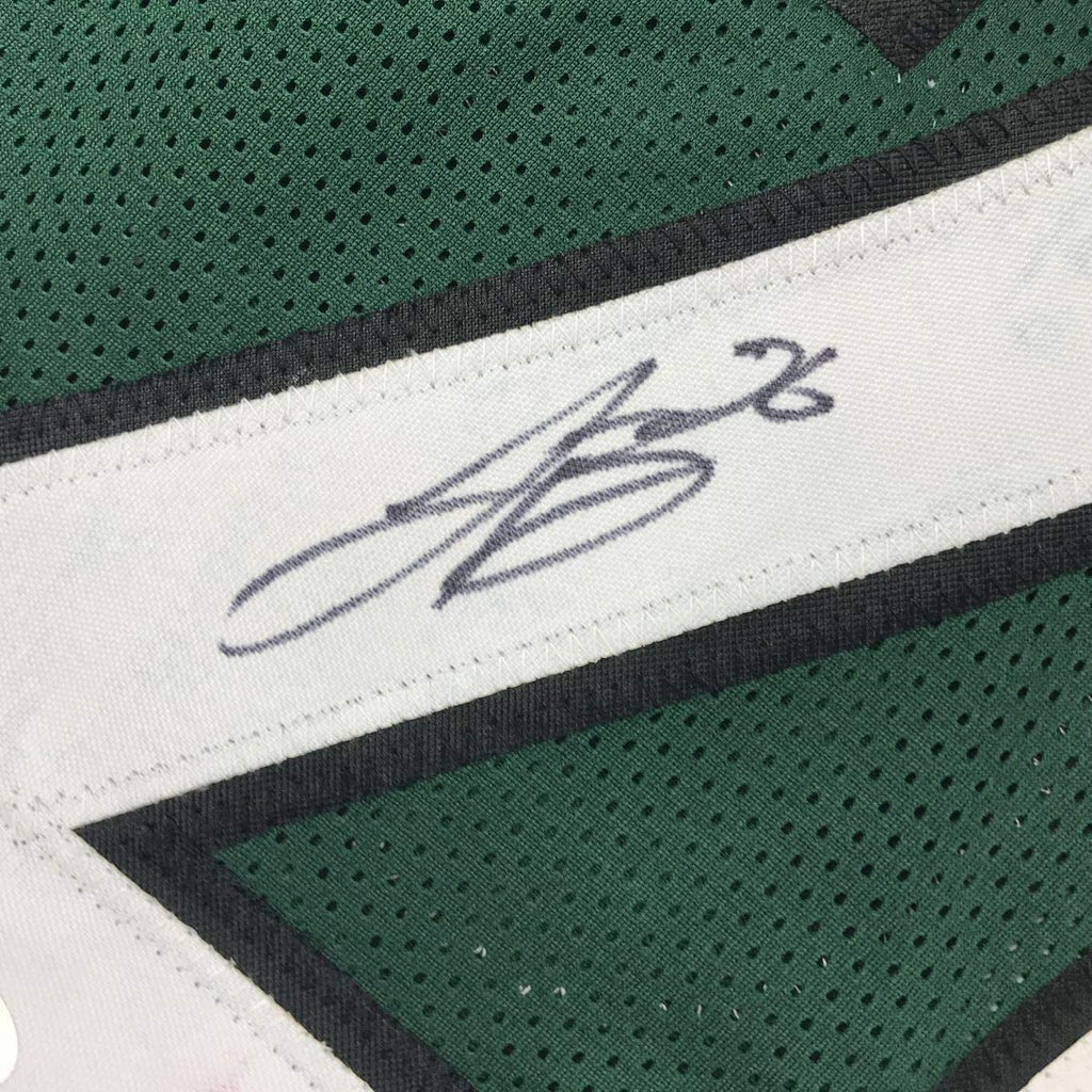 Framed Autographed/Signed Le'Veon LeVeon Bell 35x39 New York Green Football Jersey JSA COA