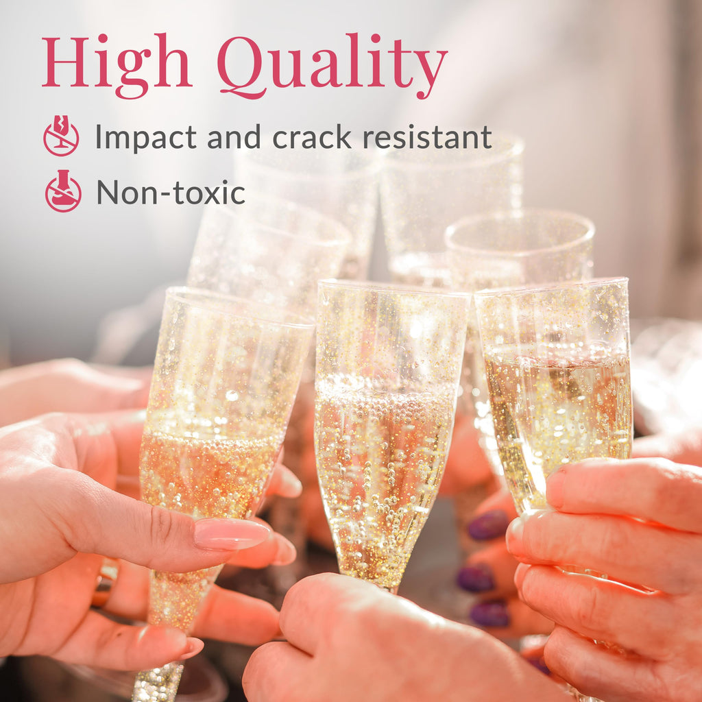 48 Champagne Flutes Plastic, Disposable Mimosa Party Cups, Gold Glitter, NYE