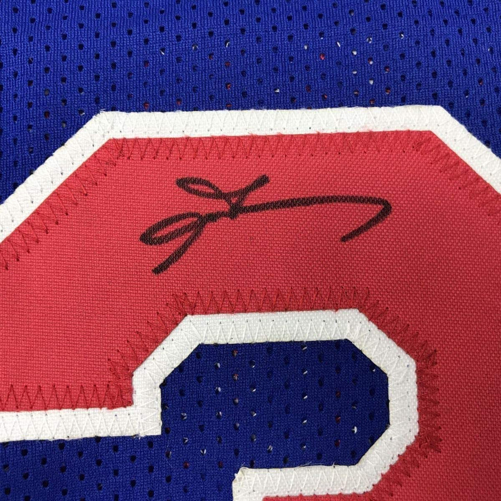 Framed Autographed/Signed Allen Iverson 35x39 Philadelphia Blue Basketball Jersey JSA COA