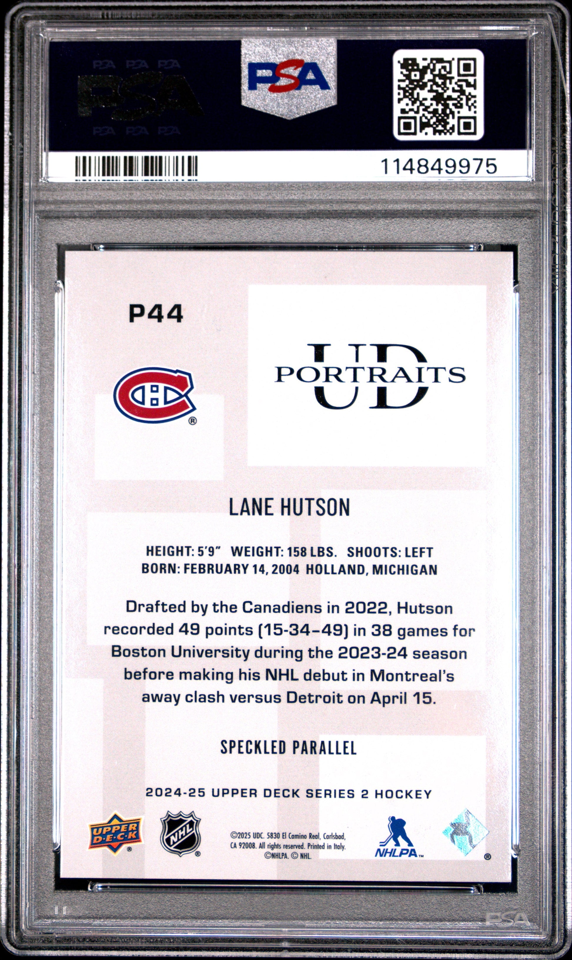 Graded 2024 Upper Deck Lane Hutson #P44 UD Portraits Speckle Rookie RC Hockey Card PSA 10 Gem Mint