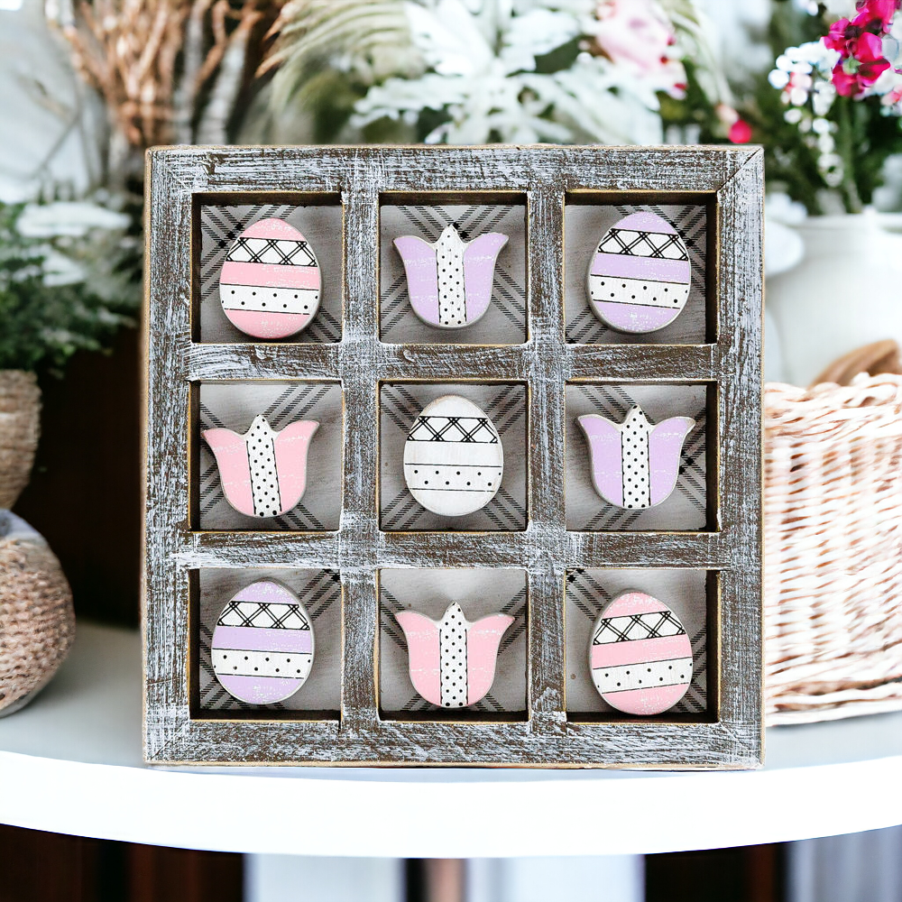 Easter Spring Tic Tac Toe Wooden Game Decor Set Tulip & Egg Pieces - 2 Sizes