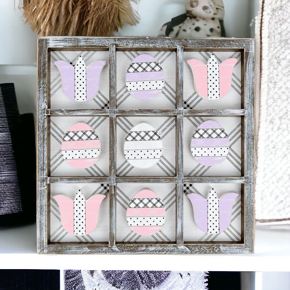 Easter Spring Tic Tac Toe Wooden Game Decor Set Tulip & Egg Pieces - 2 Sizes