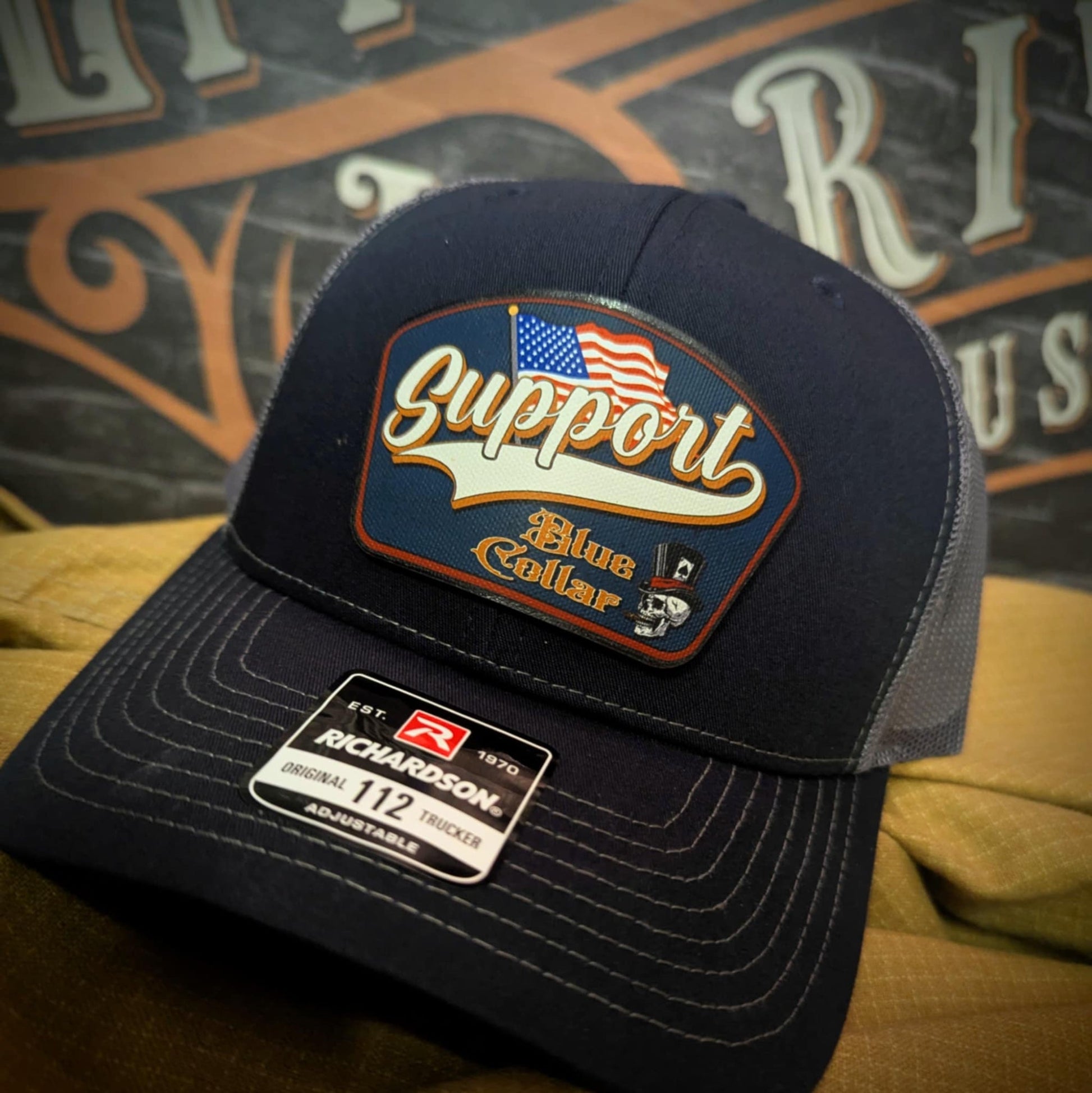 Support Blue Collar Leather Patch Hat American Flag Design