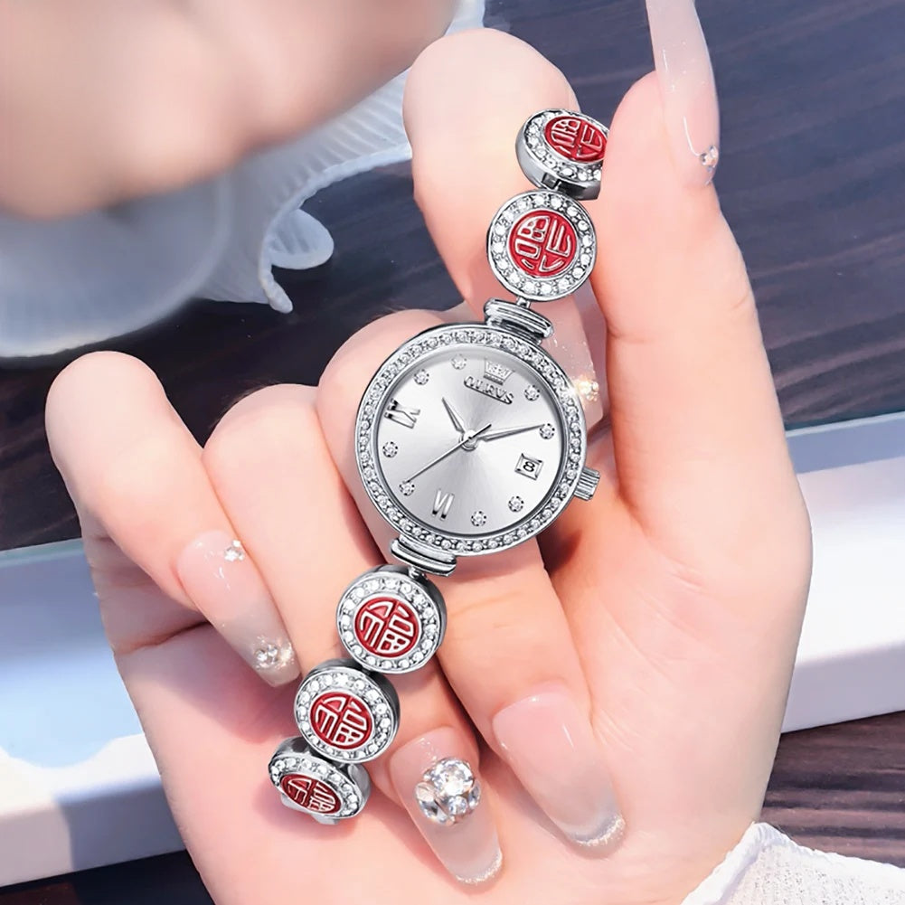 Women's Elegant Bracelet Quartz Watch Red Dial Waterproof