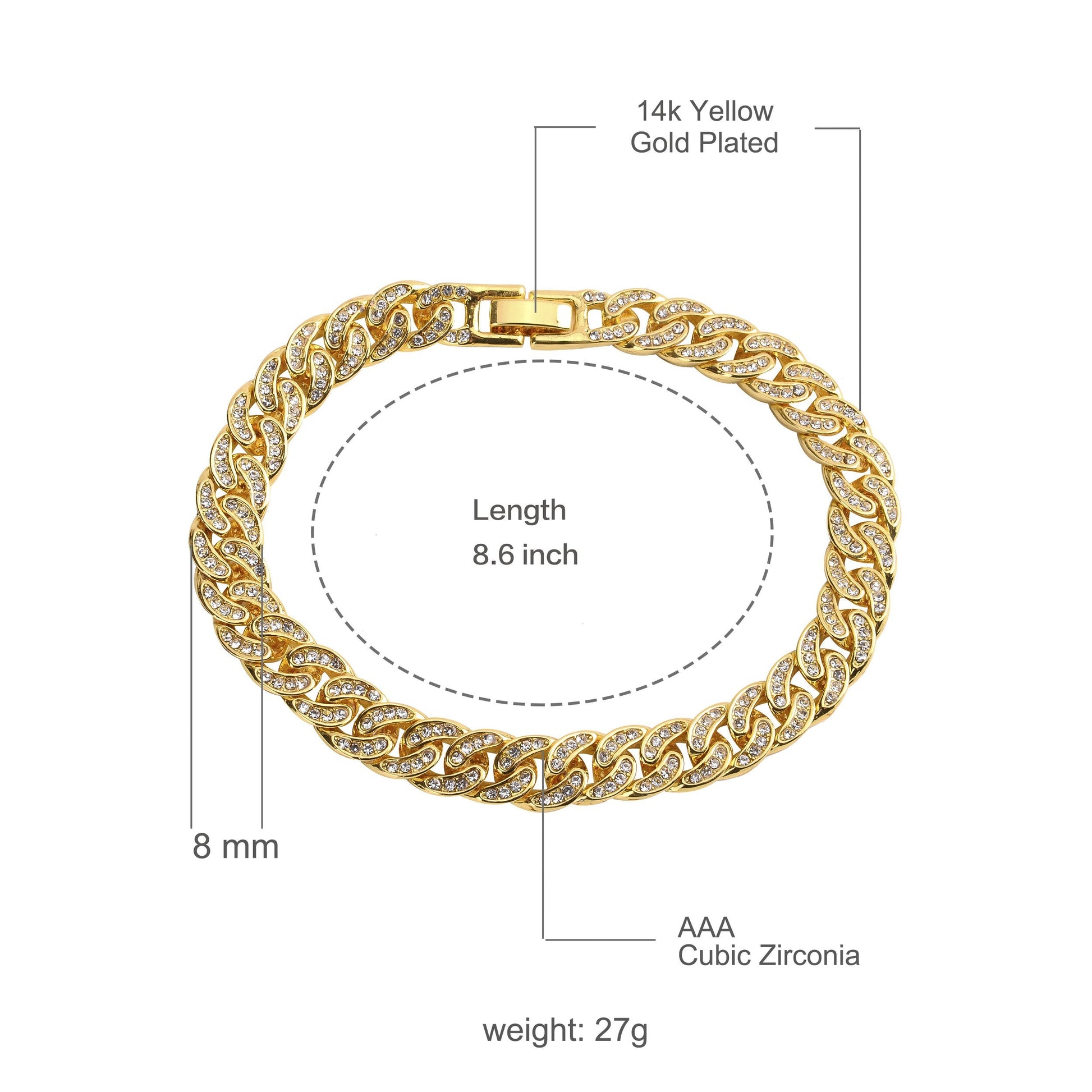 8mm Cuban Bracelet Pave Iced Curb Link High Shine Finish