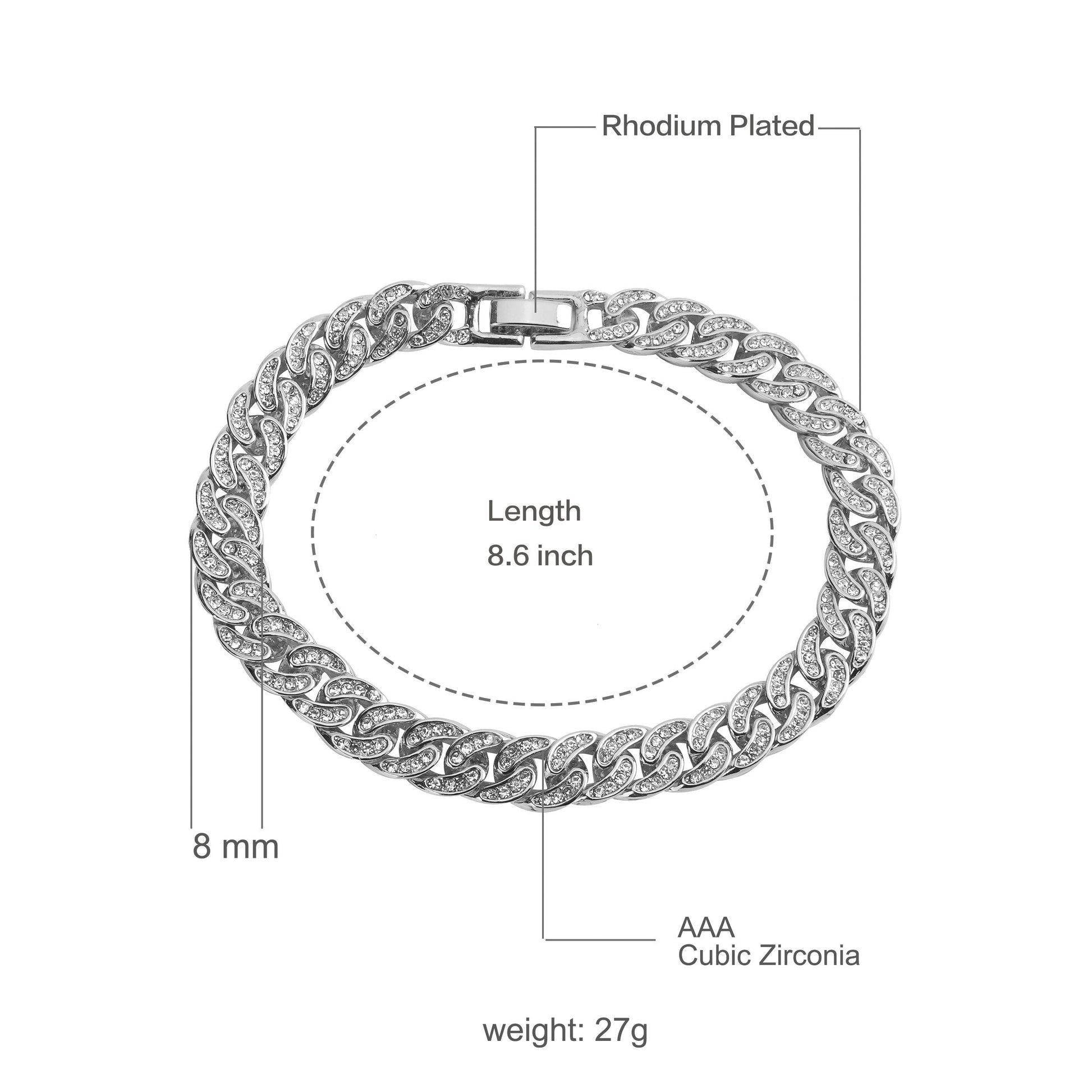 8mm Cuban Bracelet Pave Iced Curb Link High Shine Finish