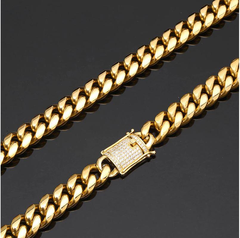 8MM CZ Cuban Link Chain Iced Gold Plated Mens Necklace