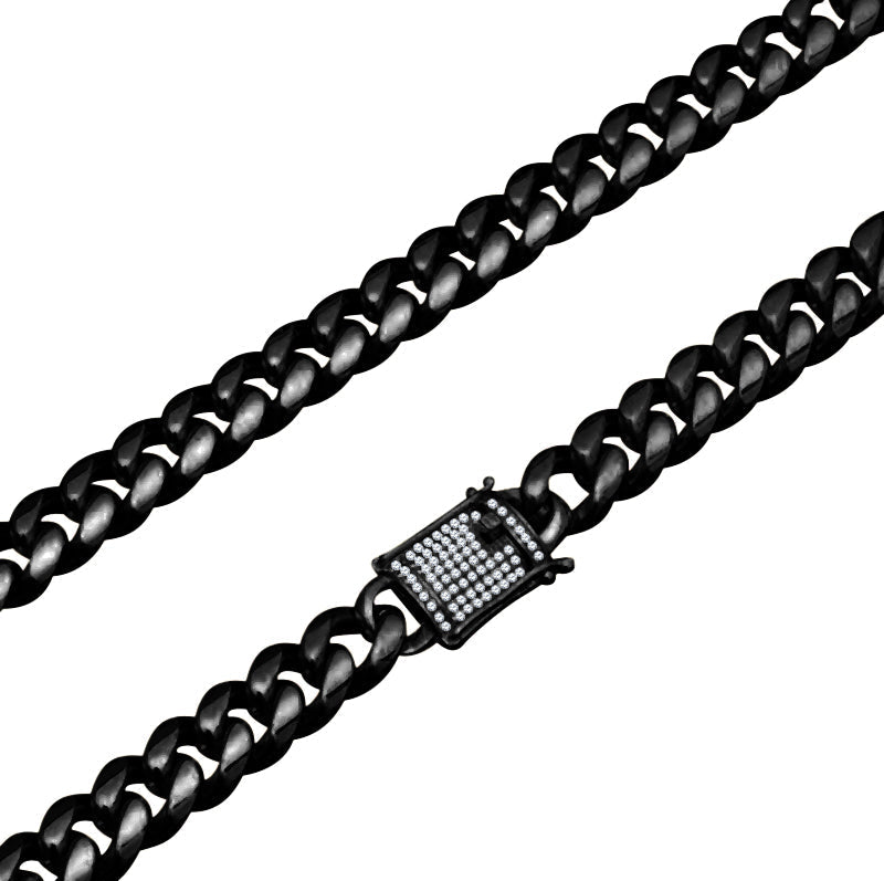 8mm Stainless Steel Cuban Curb Chain Necklace Pave Clasp