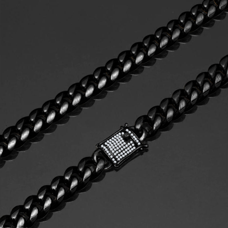 8mm Stainless Steel Cuban Curb Chain Necklace Pave Clasp