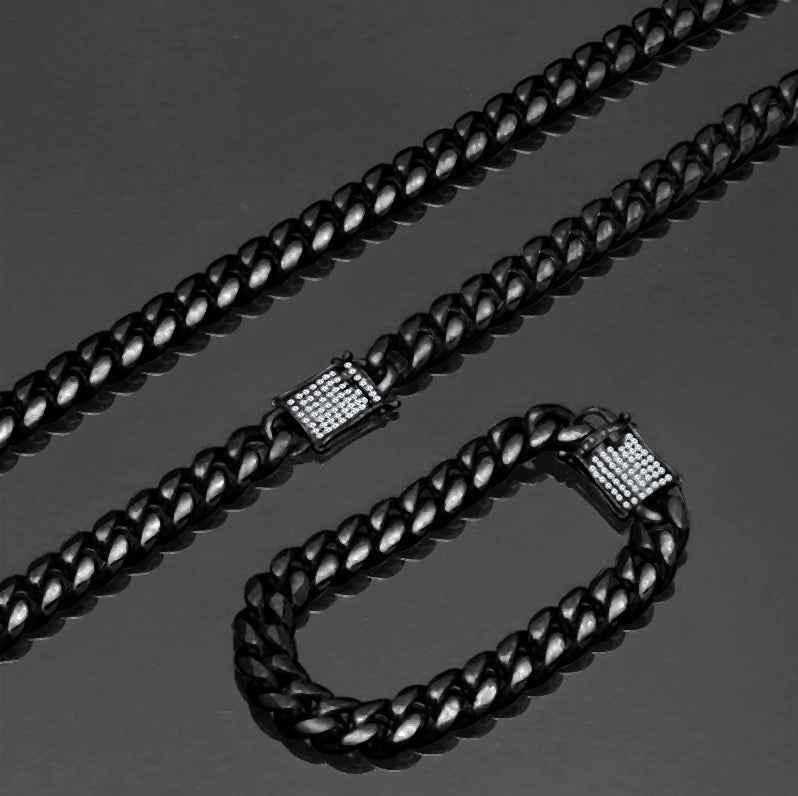 8mm Stainless Steel Cuban Curb Chain Necklace Pave Clasp