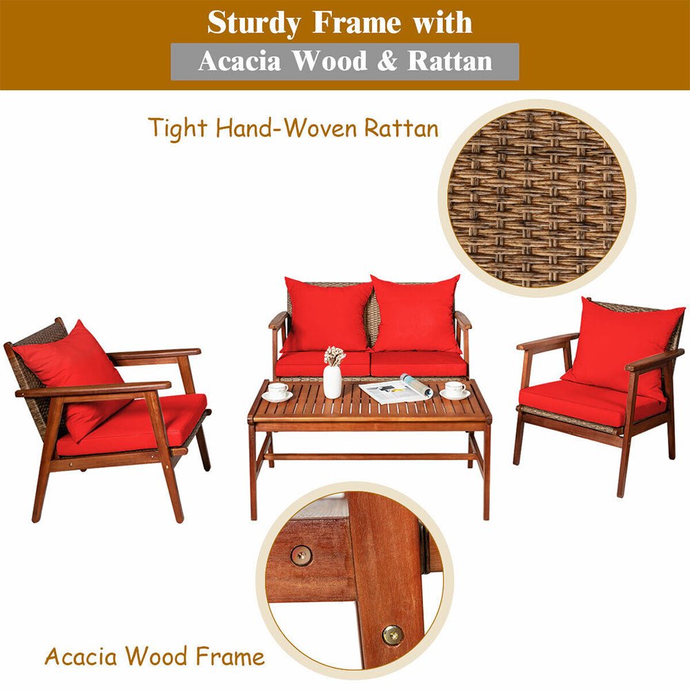 Alora 8-Piece Patio Rattan Furniture Set With Acacia Wood Frame & Cushioned Sofa Chairs (SAK74295)