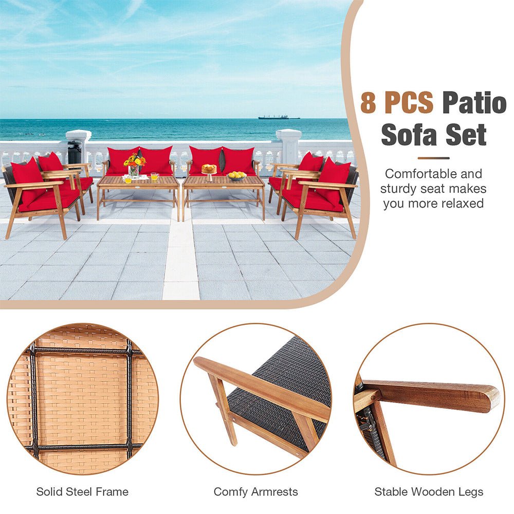 Alora 8-Piece Patio Rattan Furniture Set With Acacia Wood Frame & Cushioned Sofa Chairs (SAK74295)