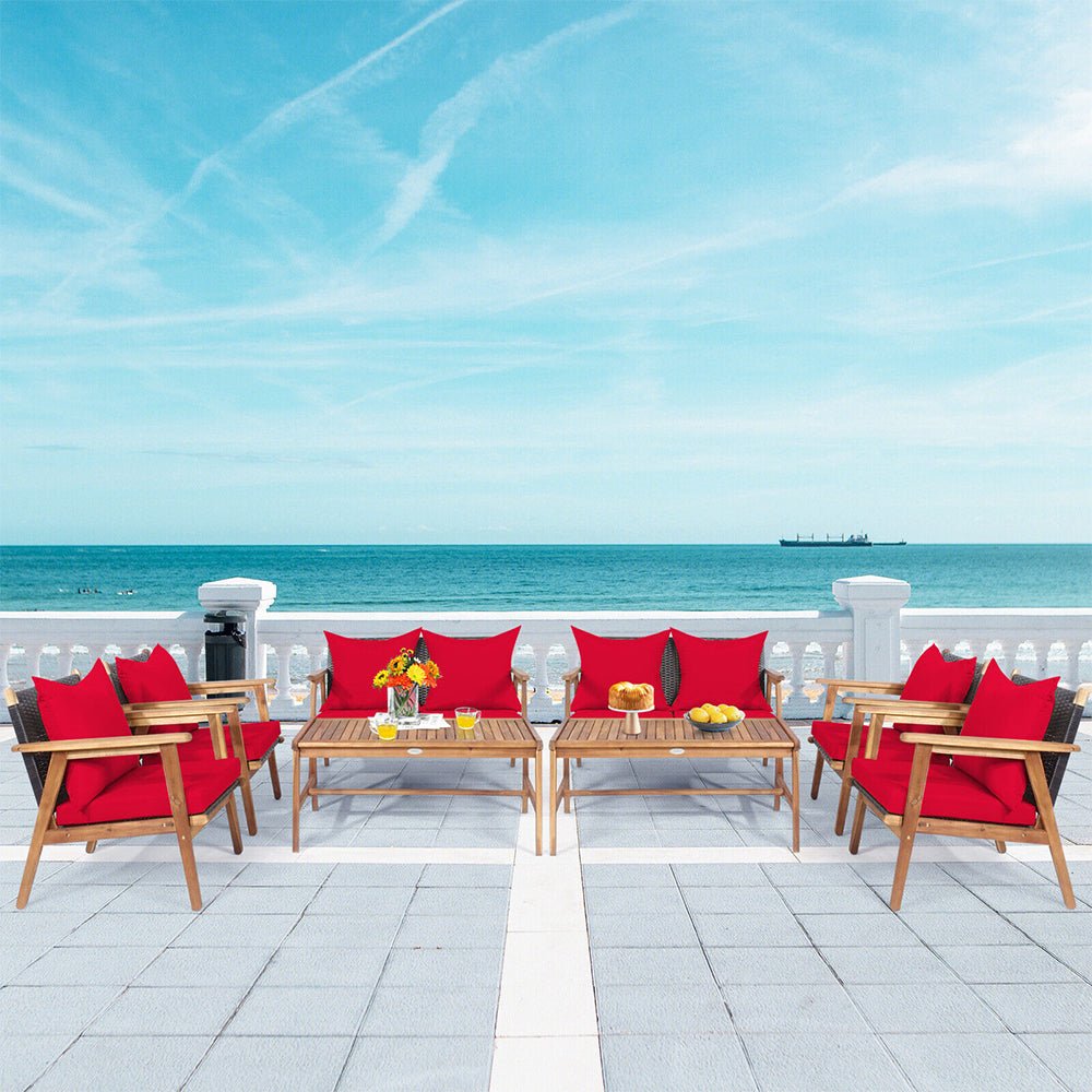 Alora 8-Piece Patio Rattan Furniture Set With Acacia Wood Frame & Cushioned Sofa Chairs (SAK74295)