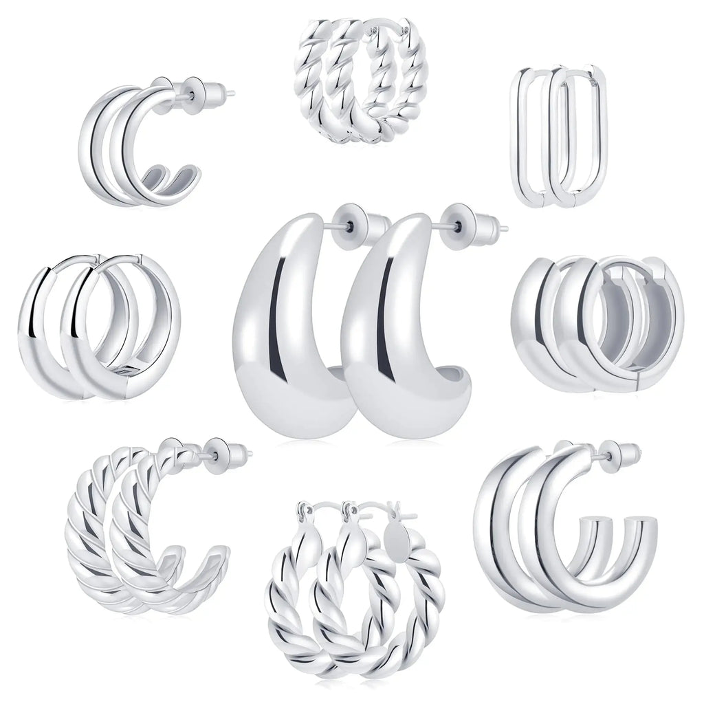 9 Pairs Gold/Sterling Silver/Rose Gold Plated Hoop Earrings Set for Women – Trendy Chunky Hoops