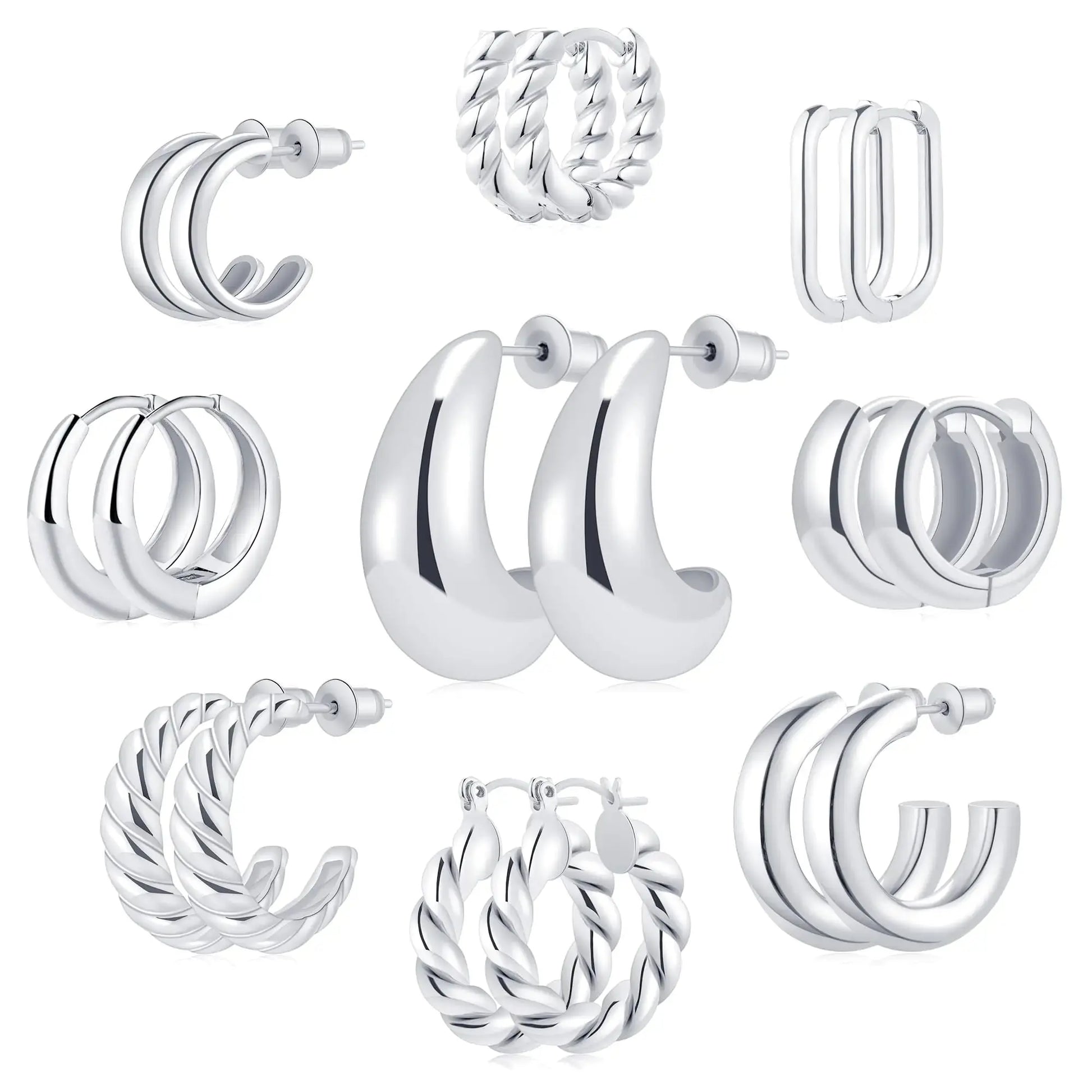 9 Pairs Gold/Sterling Silver/Rose Gold Plated Hoop Earrings Set for Women – Trendy Chunky Hoops