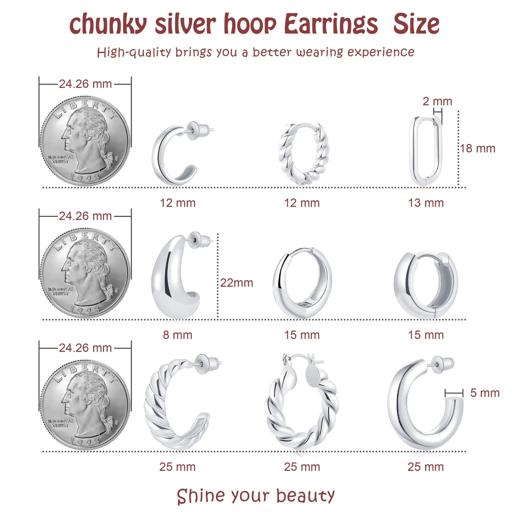 9 Pairs Gold/Sterling Silver/Rose Gold Plated Hoop Earrings Set for Women – Trendy Chunky Hoops
