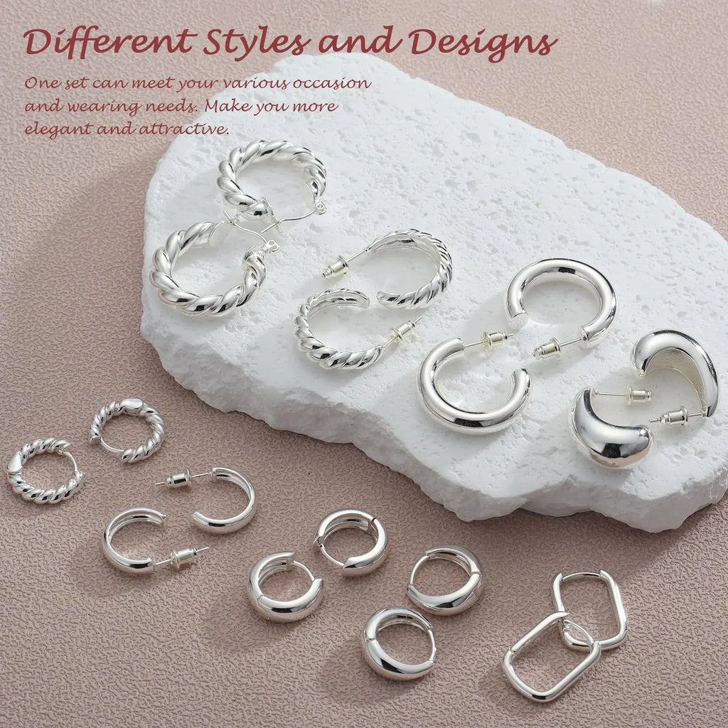 9 Pairs Gold/Sterling Silver/Rose Gold Plated Hoop Earrings Set for Women – Trendy Chunky Hoops